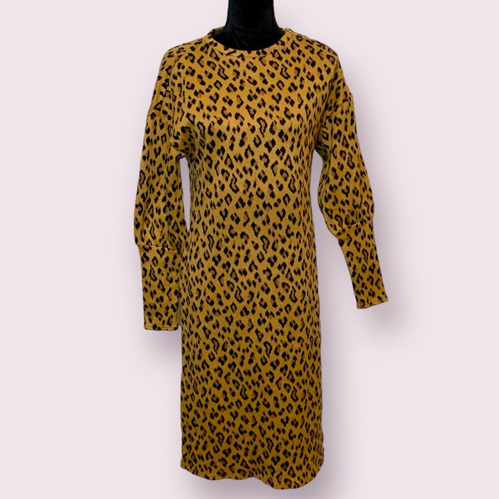 Walter Baker Leopard Cheetah Print Sweater Dress Button Shoulder Brown Black XS